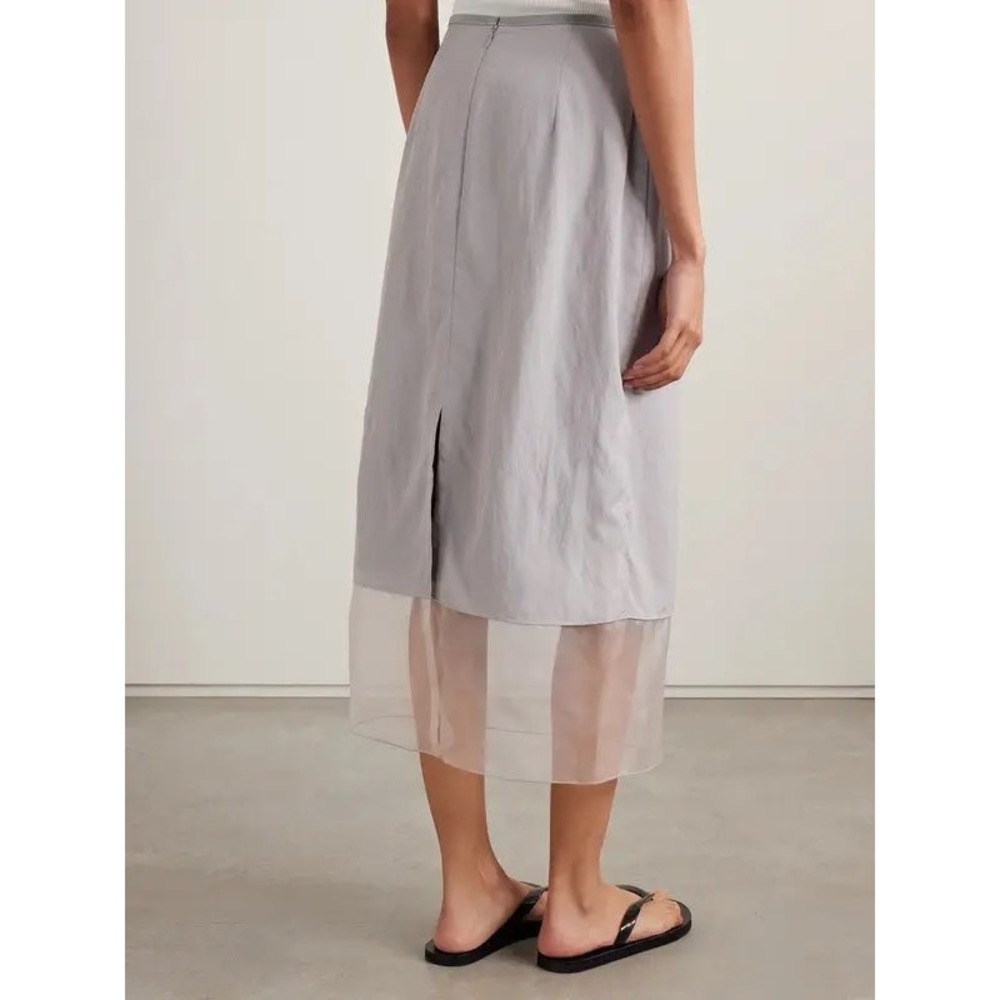 La Ligne Cosette Organza-Trimmed Shell Midi Skirt Grey Back Slit Viscose Blend 0